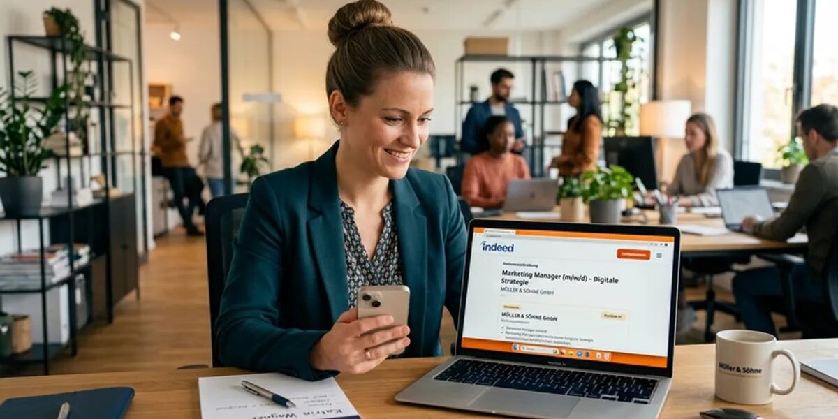 Frau im Firmenbüro optimiert Stellenanzeige auf Indeed am Laptop