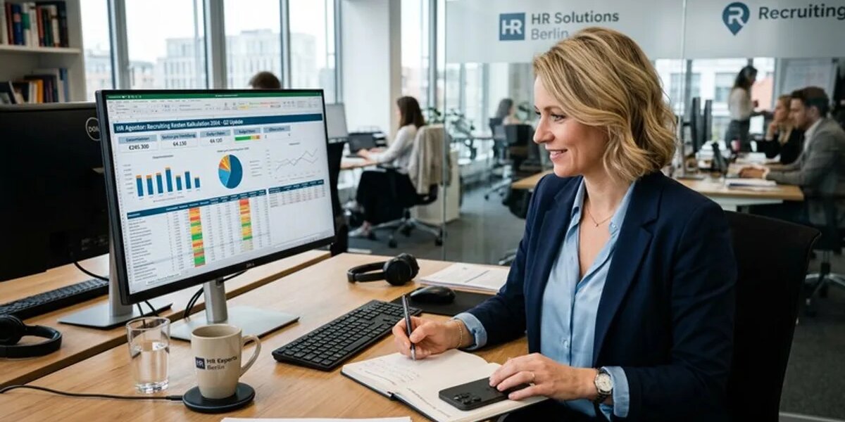 HR-Managerin kalkuliert Recruiting-Kosten im Excel-Dashboard