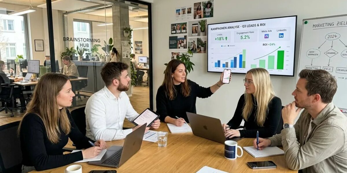 Marketing-Team im Büro beim Kampagnenanalyse-Meeting