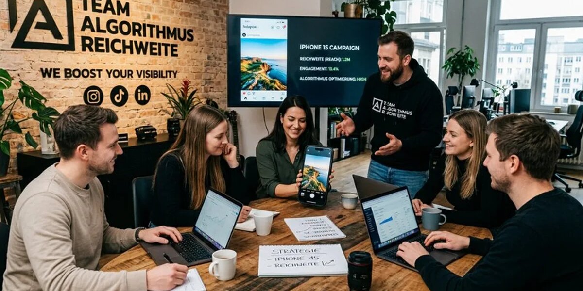 Social-Media-Agentur-Team bespricht Algorithmus-Strategien für mehr Reichweite